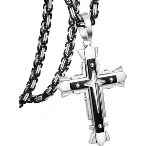 GASSIECA 5MM Stainless Steel Cross Necklace Pendant for Men Byzantine Chain Necklace 56CM 61CM,71CM Fashion Jewelry