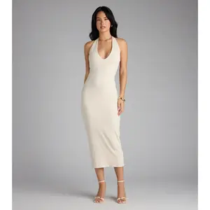 Chic Cutie Ribbed Knit Halter Midi Dress