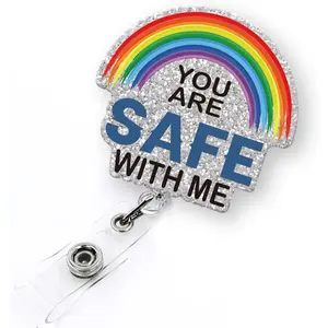 You are Safe with Me Badge Reel Retractable for Nurse   &  Worker | Funny Pride LGBTQ Rainbow ID Card Name Tag Badge Holder with  Clip & 24" Durable Nylon Cord |