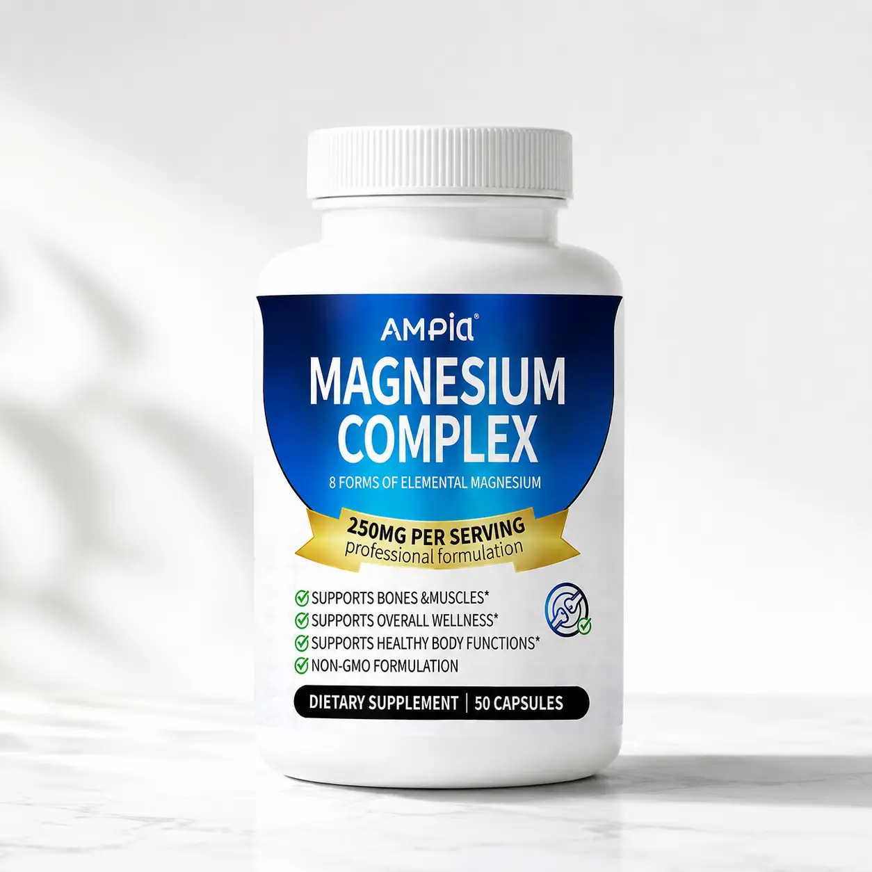 【Buy 1 Get 1 Free】AMPIA Magnesium Complex Capsules 2-Pack, 100 Capsules Total, 250mg per Serving, 8 Forms of Elemental Magnesium, Non-GMO Dietary Supplement