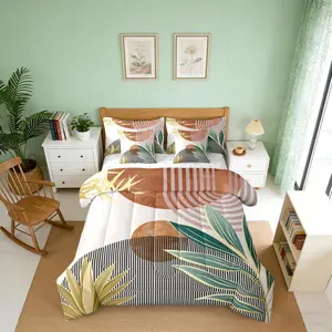 7 Piece Boho Mid Century Bedding Set,Vintage Comforter Set for Boys Girls,Abstarct Retro Stripes Bed in a Bag Modern Minimalist Simplistic Sheet Set with Comforter,Brown
