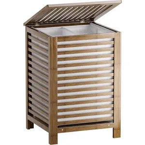 Double Laundry Hamper with Lid, 120L  Laundry Basket with Removable Liner Bag, 2-Section Clothes Divider Laundry Sorter for Laundry Room, Bathroom, Bedroom (Walnut)