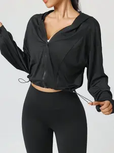 Women Drawstring Hem Hooded Activewear Jacket, Casual Short Zip-Up Sports Fitness Yoga Outerwear