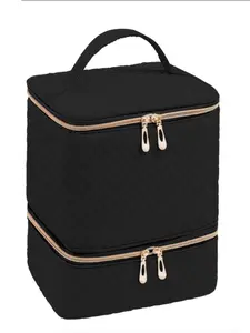 Fashionable Dual-Layer Quilted Large Capacity Makeup Bag, Travel Cosmetic Bag, Efficient Storage for 30 Nail Polish & LED Lamp, Portable Gel Polish Organizer