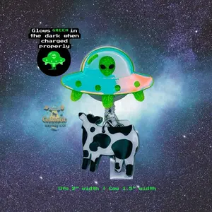 UFO Cow Abduction badge reel, Glow in the dark badge reel, Spaceship badge reel, Alien badge reel Personalized Lanyard