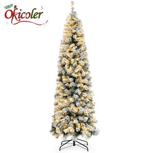 Okicoler Celebrate Christmas6.5/7.5ft Pre-Lighted Snow Flocked Pencil Christmas Tree Fir Hinge Slim Corner Christmas Tree Holiday Decoration with 250/350 Incandescent Warm White Lights and 586/796 Snow Branch Tips,