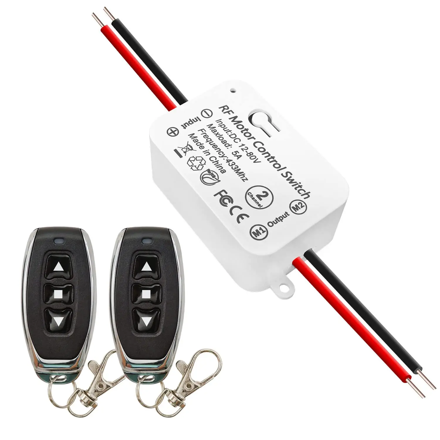 Wireless DC Motor Remote Control Switch Kit with 2 Transmitters, 433MHz RF 12V-80V DC 5A Relay Receiver, Adjustable Mode for Residential & Commercial Smart Home Controls, Garage Door (24V Compatible, Farms Use), Remote Kit