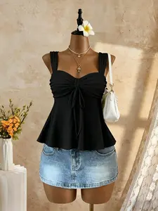 Summer Casual Chic Solid Color Drawstring Halter Top, Women's Hollow Out Knot Bell Bottom Vest, Comfortable and Stylish Summer Wear
