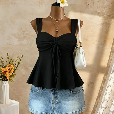 Summer Casual Adjustable Drawstring Tank Top for Women, Hollow Out Knot Design, Bell Bottom Hem, Slim-Fitting, Solid Color, Plain Surface