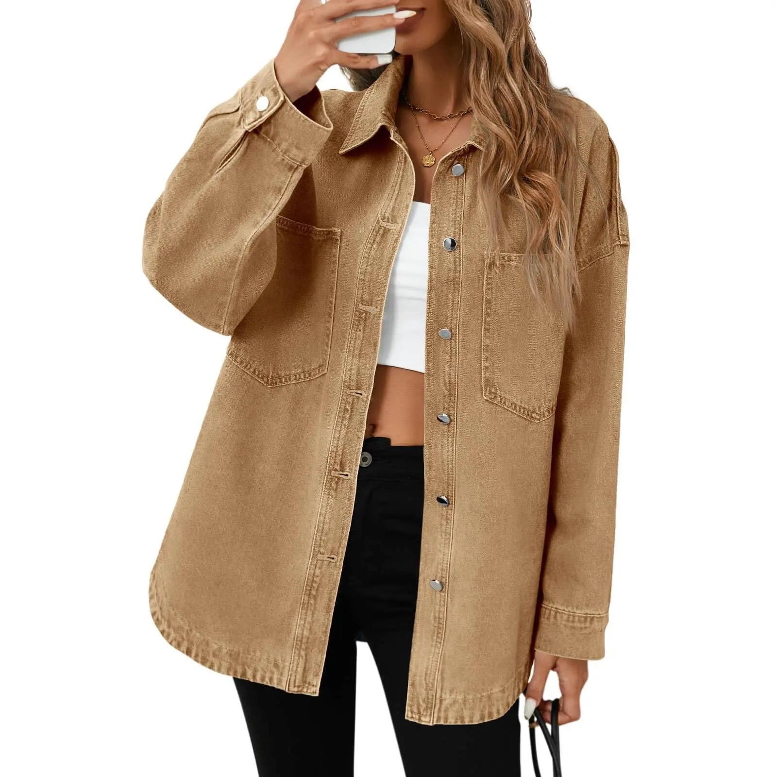 Tankaneo Womens Oversized Denim Shirt Jacket Button Down Long Sleeve Fall Casual Jean Jackets