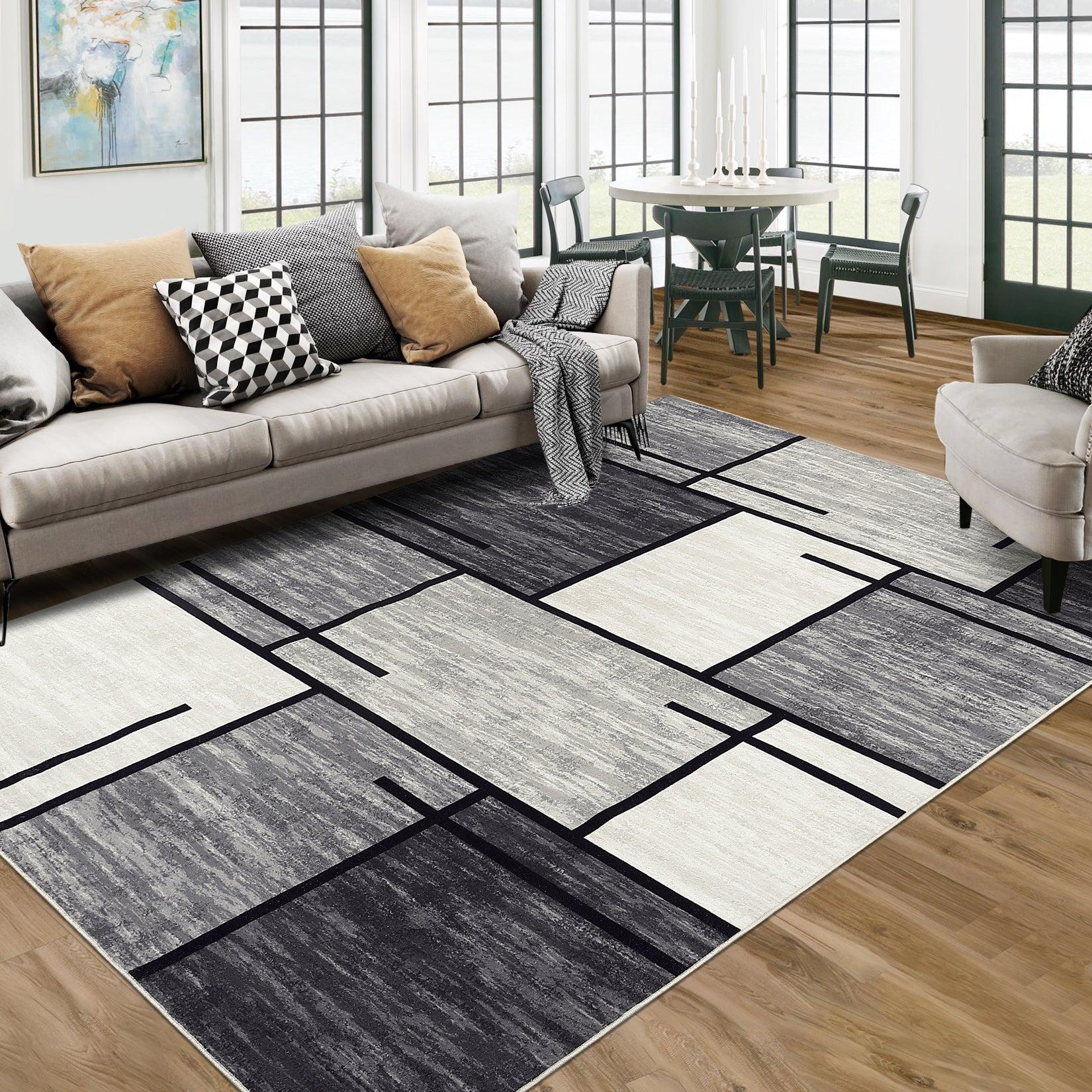 【GARVEE】Washable Rugs - Modern Geometric Non-Slip Area Rugs in Various Sizes (9x12, 8x10, 5x7, 4x6, 2x6) - Soft & Stain Resistant in Grey, Blue/Taupe