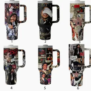 Michael Jackson King of Pop 40oz Tumbler with Handle - Thriller & Bad Era Music Collage - Iconic Billie Jean Smooth Criminal Design - Insulated Stainless Steel Mug - Essential Fan Collectible