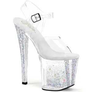 Women's Elegant Enchant-708AQUA-04 Ankle Strap Platform High Heel Footwear, 8-in Prismatic Glitter Decor Sandals with Flowing Liquid-Filled Sole