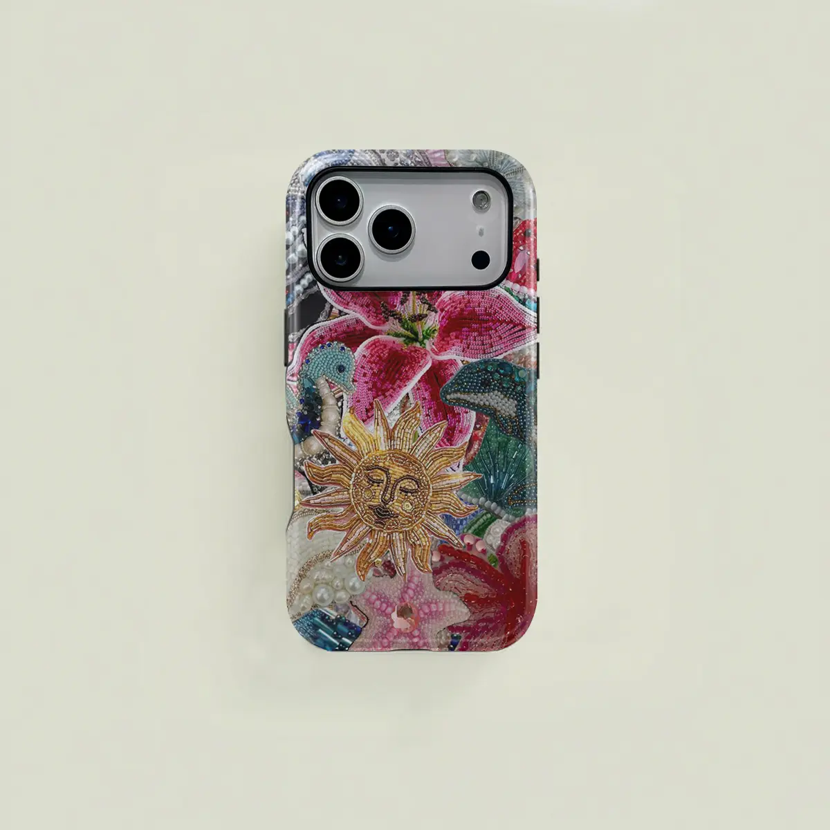 Colorful bohemian-style floral and sun patchwork pattern protective case, sturdy and durable 2-in-1 case, compatible with iPhone 17/16/15/14/13/12/11 Pro Max/Plus/Pro, Samsung Galaxy S25/S24/S23 Ultra series, simple and stylish phone case.