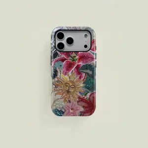 Colorful bohemian-style floral and sun patchwork pattern protective case, sturdy and durable 2-in-1 case, compatible with iPhone 17/16/15/14/13/12/11 Pro Max/Plus/Pro, Samsung Galaxy S25/S24/S23 Ultra series, simple and stylish phone case.