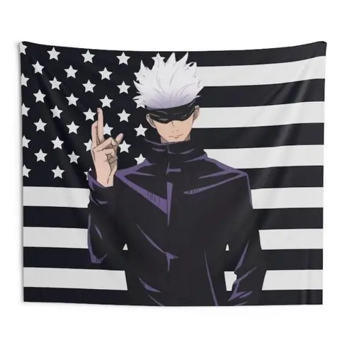 GOJO Black USA America Flag Tapestry - Anime Funny Room Merch - Backdrop Tapestry Jujutsu Kaisen Aesthetic - Gift for Gojo Wifu Cotton Decor tapestry Home Goods Decoration Print bedroom decor tapestry chill room accessories Linen Cloth tiktokshopspringglo