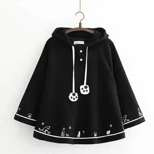 Japanese Ponchos Fall Winter Clothing Cute Jackets for Women Cat Ears Hooded Oversized Coats Y2k Tops Fashion Sweet Capes 49C648 Sweatshirts Womenswear Gamis Black Casual Long Sleeve