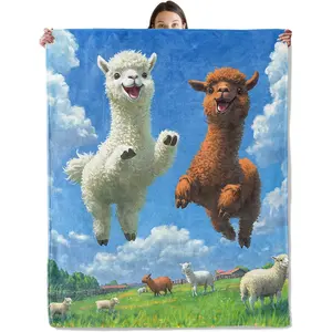 Happy Llama Blanket, Cozy Flannel Playful Jumping Llamas Throw Blanket for Couch Outdoor, Plush Soft Lightweight Travel Cute Animal Blankets for Bed Decor and Gifts, for Women Kids
