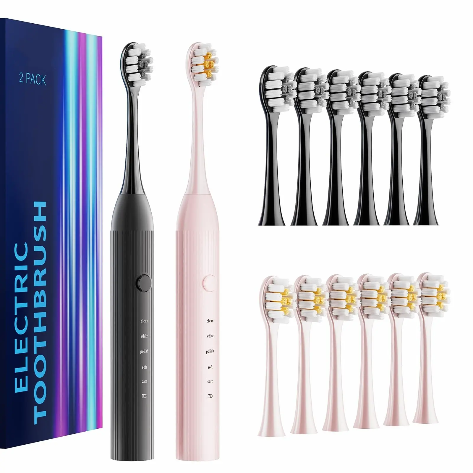 2 Pack Electric Toothbrush Set, Comes with 12 Brush Heads & 2 Electric Toothbrush,5 Modes with 2 Minutes Built in Smart Timer, One Charge for 60 Days, 38000 VPM Motor,Black and Pink.