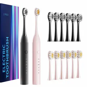 2 Pack Electric Toothbrush Set, Comes with 12 Brush Heads & 2 Electric Toothbrush,5 Modes with 2 Minutes Built in Smart Timer, One Charge for 60 Days, 38000 VPM Motor,Black and Pink.