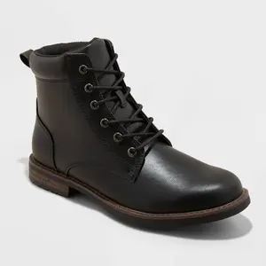 Men's Jeffrey Combat Boots - Goodfellow & Co Black 12: Lace-Up, Faux Leather, Non-Marking Sole, Mid Calf, Round Toe