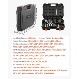 fathersdaygift VEVOR Screw Extractor Set, 63 Pieces, with Nut and Bolt Extractors, Nut Splitters, Taps, Drill Bits, Wrenches, Adapters, and Solid Storage Case, for Removing Rounded, Broken, or Stripped Fasteners