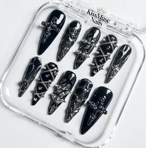 KissMuse Nails | GOTGIC CROSS | ST-T021 | Spikes Black Stiletto Press On Nails | Crystal Decorated Reusable Manicures Rhinestones