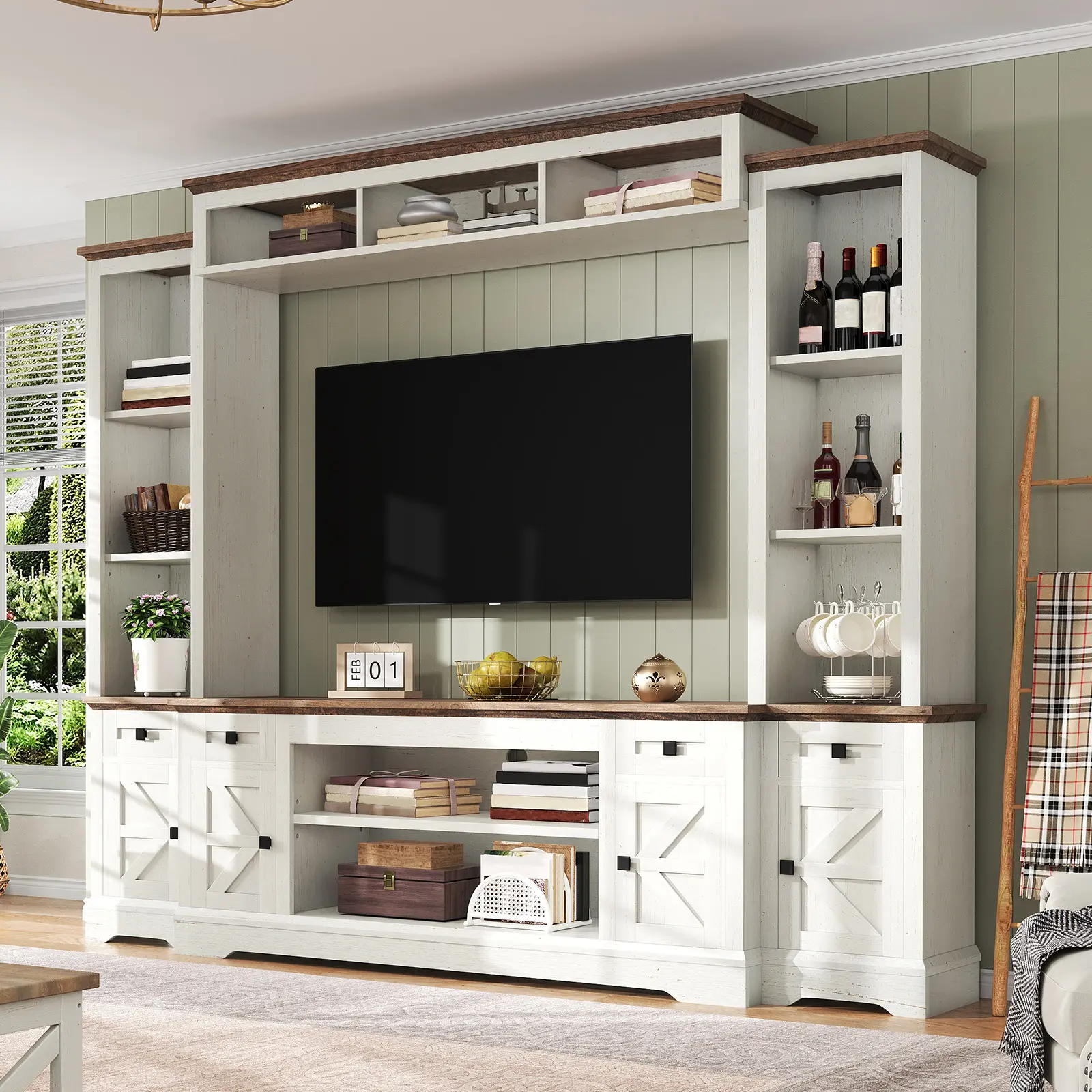 [Ships in 2 Boxes]VanAcc 98in Farmhouse Wall Unit TV Stand with Bookshelves, Wine Cabinet, Fits 78" TVs, Large Entertainment Center with Power Outlets & Barn Door, Rustic Media Console for Living Room #homemakeover