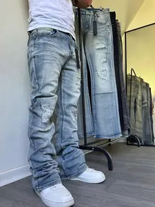 Men's Micro Flare Jeans, Loose-Fitting Streetwear Street Style, All-Season Wear, Washed Y2K Layered Pants, Patchwork Embroidery, Four-Season Comfort