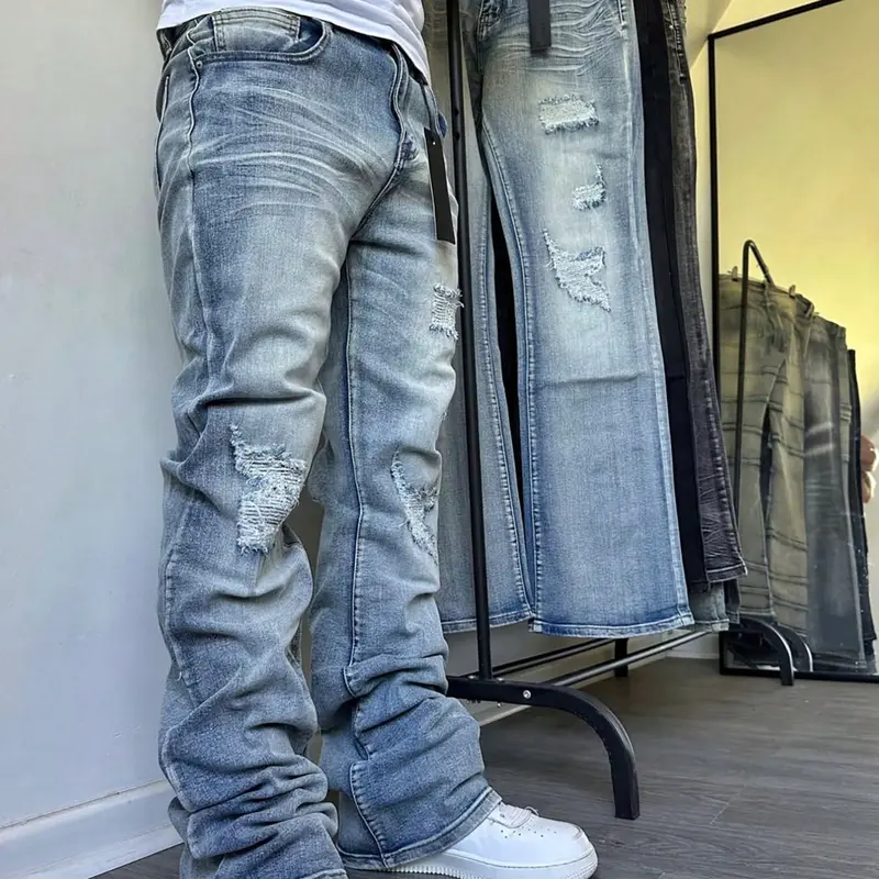 Men's Micro-Flare Jeans, Loose-Fitting Street Style, All-Season Wear, Washed Y2K Stacked Jeans, Patchwork Embroidery, Four-Season Comfort, Menswear