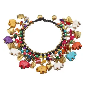 Unisex Vintage Ethnic Handwoven Thai Elephant Beach Anklet - Fashion Costume Jewelry Accessory with Bell, Colorful Beads and Elephant Charms