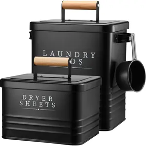 Yaocom 2 Pcs Laundry Pod Container with Dryer Sheet Holder Farmhouse Laundry Room Decor Organization and Storage Detergent Container Box with Lid Handle Metal Dryer Sheet Dispenser(Black)