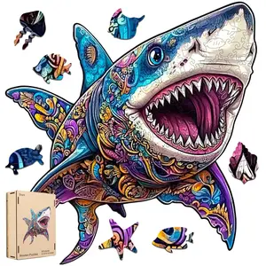 Shark Wooden Jigsaw Puzzle for Adults and Kids Unique Shape Wood Colorful Beautiful Box Fun Challenge Brain Health Family Game Creative Gift for Friends mys aurora halloween  puzzle wooden  puzzle  fun