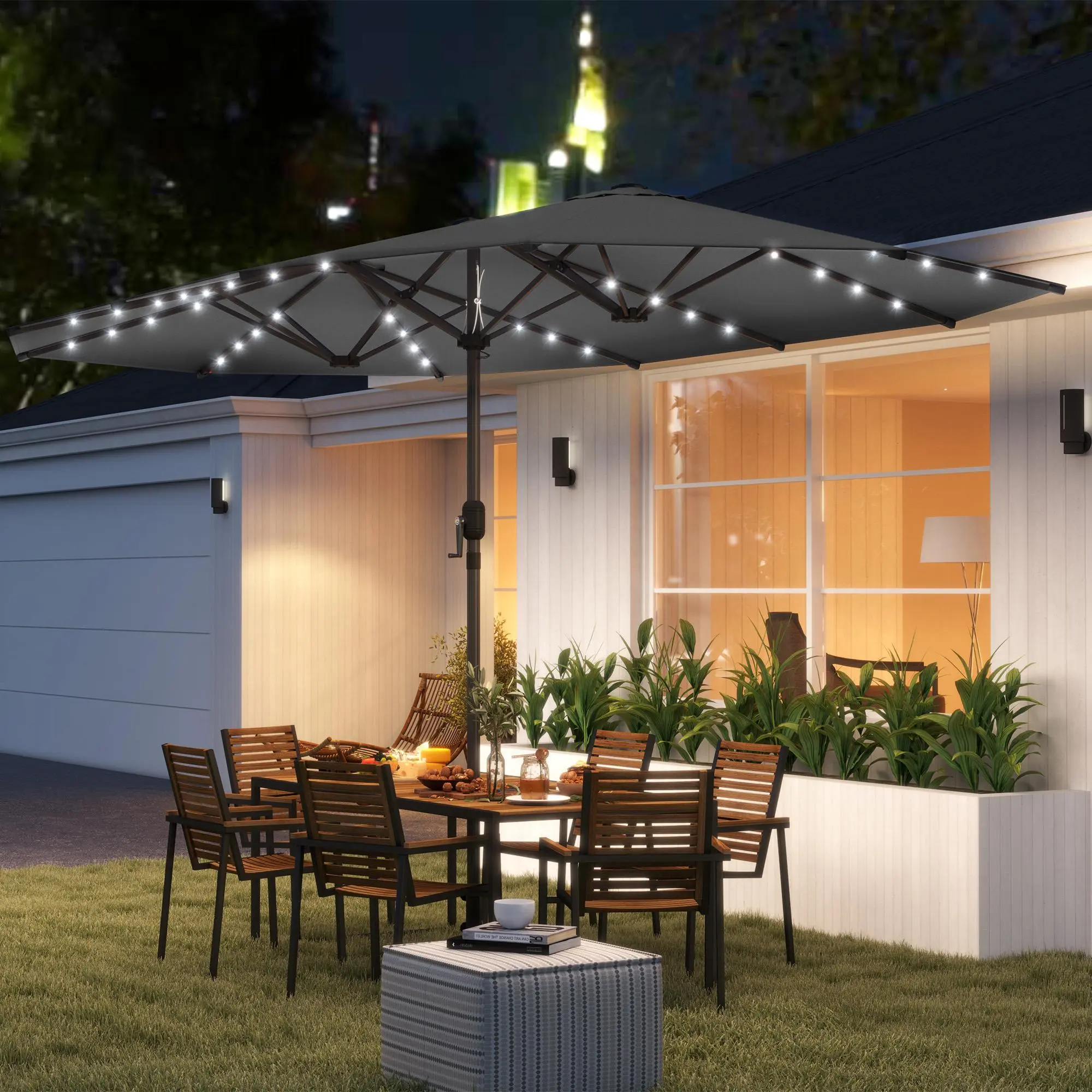 Garden Parasol Double-Sided Sun Umbrella with 48 LED Solar Lights Patio Parasol for Outdoor Gray 14.8' L x 8.7' W x 7.9' H Durable Steel Frame