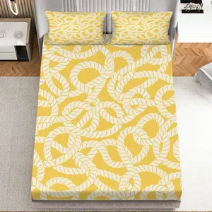3Pcs Rope Twists Nautical Pattern Yellow Fitted Sheet Three Piece Set (1*Fitted Sheet+2*Pillowcases, Coreless), Summer theme, Wrinkle-Free Bedding Set, Mattress Protector Soft, Breathable
