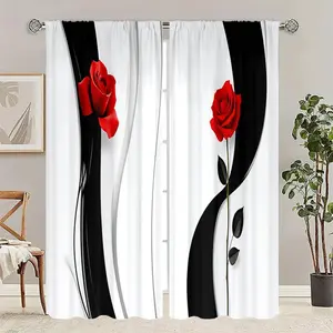 1 set of two-piece modern black and white red rose print filter curtains, polyester rod pocket curtains, suitable for bedrooms, living rooms, and offices - fade-resistant, machine washable, seasonal decorative panels