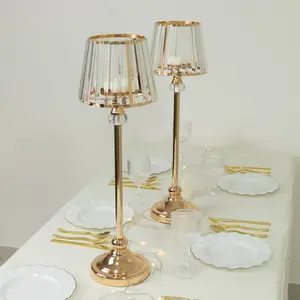 2-Pack 25" Crystal Pendant Candle Holders, Classic Empire Lamp Shade Style in Gold, Votive Candle Stand for Table Centerpieces