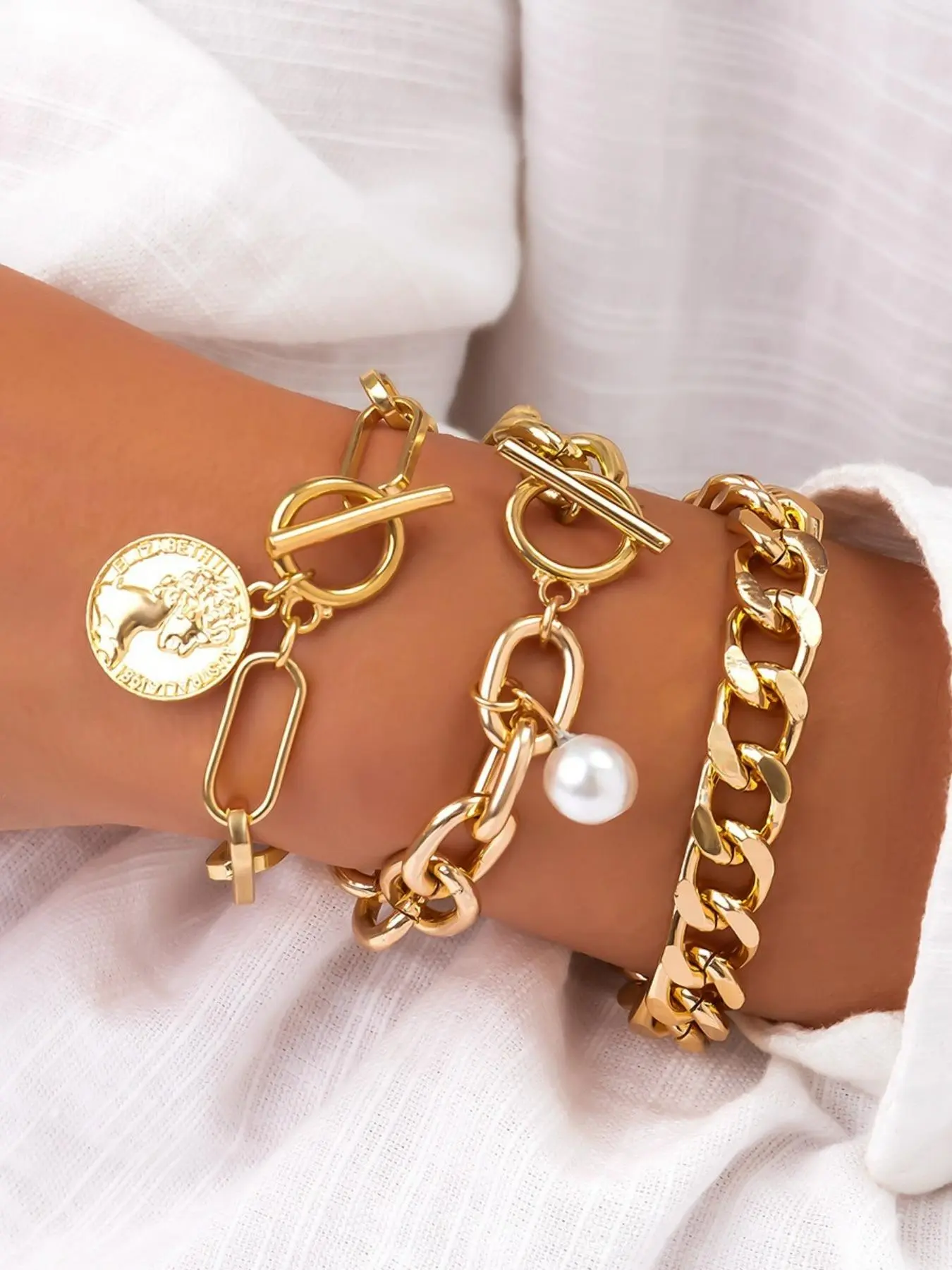 Vintage Chain & Faux Pearl Design Link Bracelet (3pcs) Stackable Bracelet Set, Fashion Punk Chunky Chain Bracelet for Party, Daily Clothing Decor, Trendy All-match & Exquisite Jewelry for Birthday Gift, Pretty Bracelet