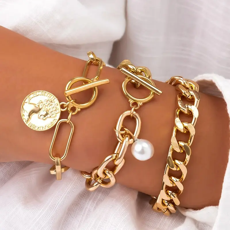 Vintage Chain & Faux Pearl Design Link Bracelet (3pcs) Stackable Bracelet Set, Fashion Punk Chunky Chain Bracelet for Party, Daily Clothing Decor, Trendy All-match & Exquisite Jewelry for Birthday Gift, Pretty Bracelet Jewelry Bracelets