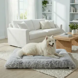 Fluffy Dog Crate Bed for Extra Large Dogs, Plush Faux Fur Pad, Calming Anti Anxiety XL Bed for Crate, Washable Soft Warm Dog Mat with Non-Slip Bottom, Grey