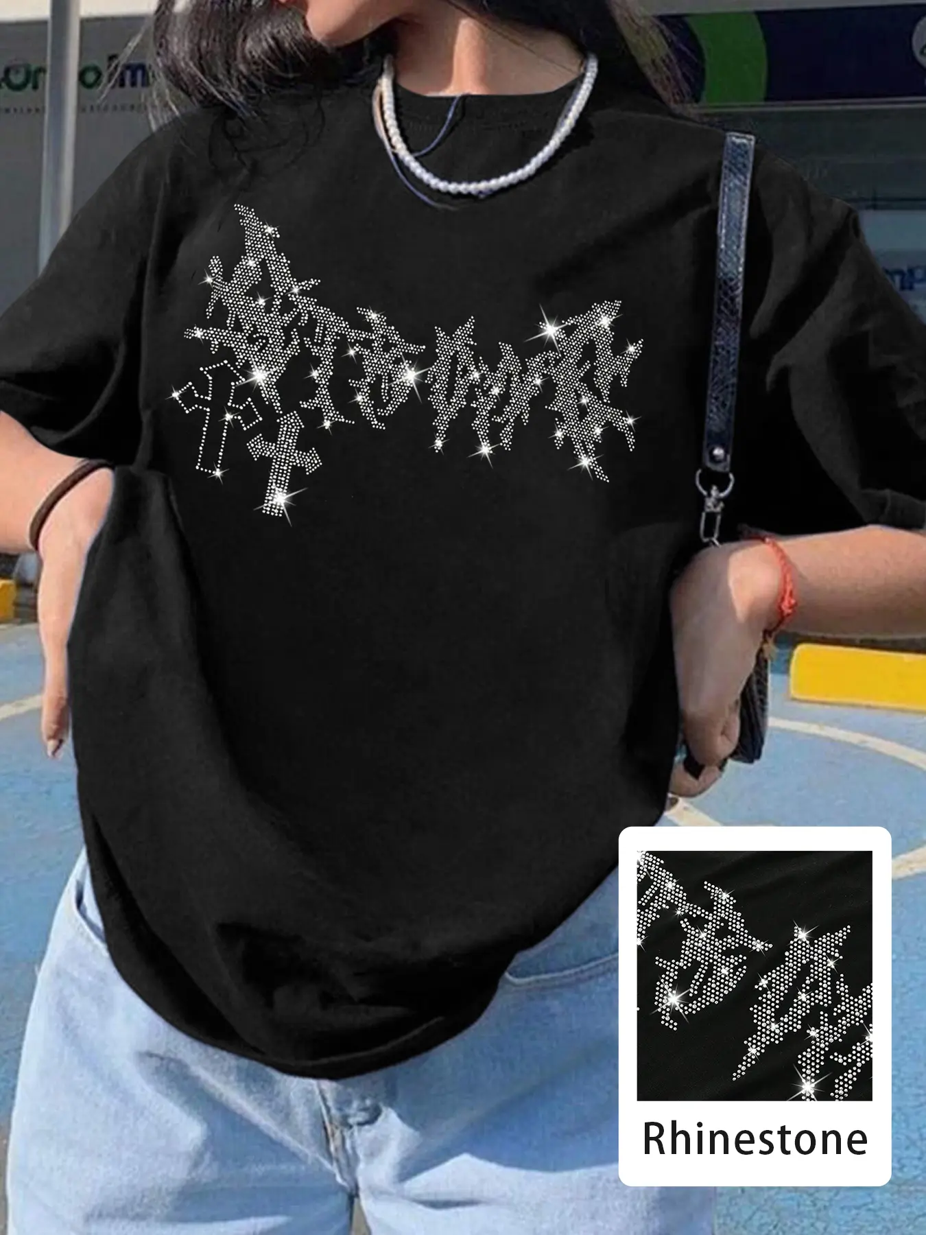 Women's Casual Streetwear Oversize Loose-Fit Round Neck T-Shirt, Summer Rhinestone Embroidery Star Pattern, Soft Breathable Fabric, Perfect for Daily Wear & Commuting