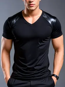Men's Leather Shoulder V-Neck Short Sleeve T-Shirt, American Motorcycle Style, Colorblock Design, Slim Fit, Casual Streetwear, Menswear Top