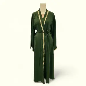 Nilah Open Front Abaya in Green with Gold Embellishments - Fashionable Design. Available in- Green,Black & Blue