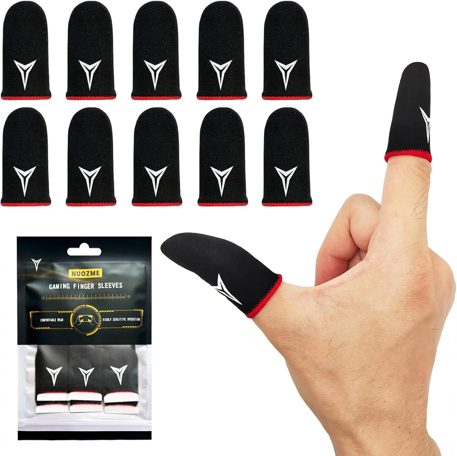 Nuozme Tech 10 PCS Unisex Mobile E-Sports Touchscreen Gaming Thumb Sleeves - 0.15mm Superconducting Nanofibers, Super Thin, Smooth, Anti-Sweat, Red Edge, 5-Finger Size, Adult-Friendly, Stretch, Lightweight, Breathable Smartphone & PS5 Console Accessories