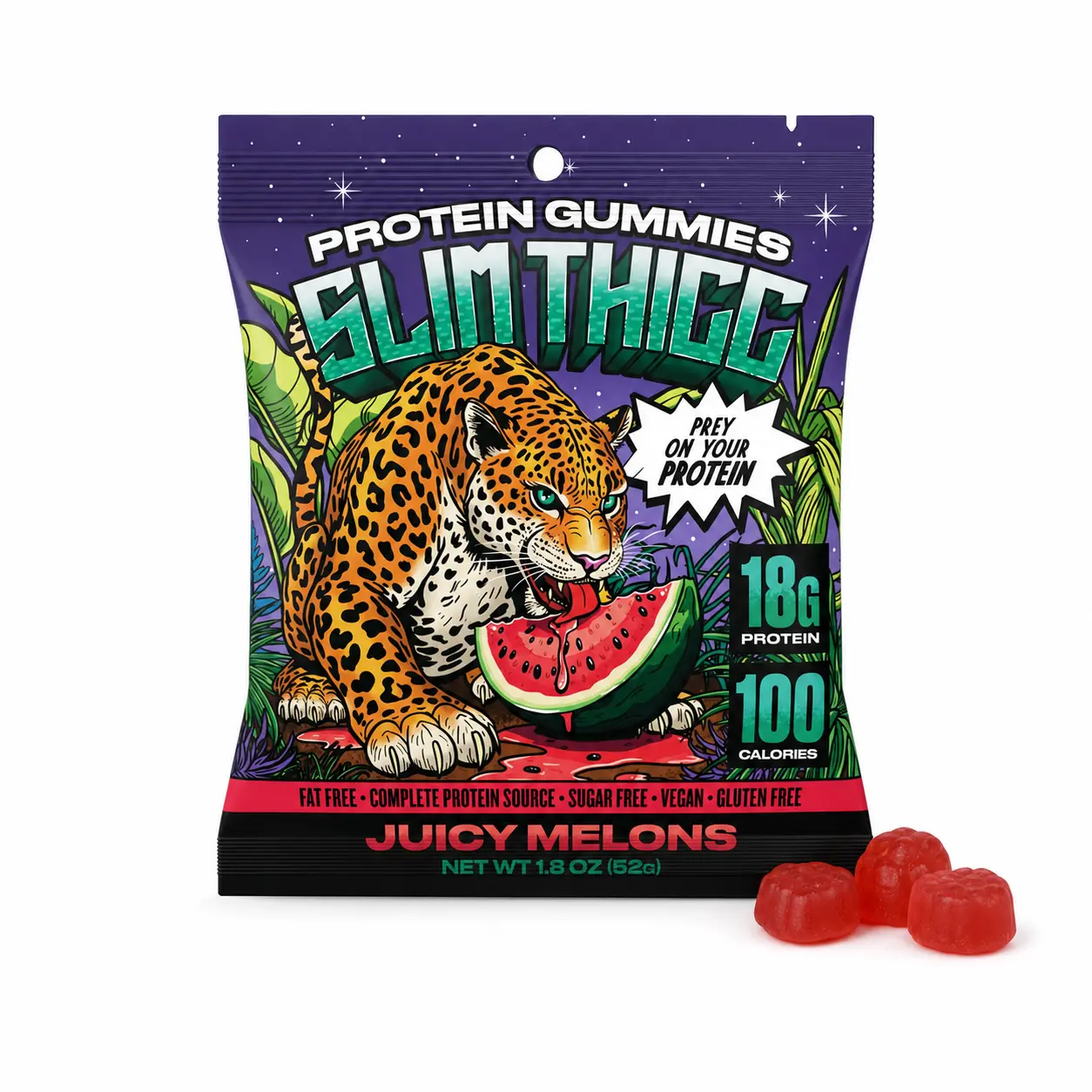SlimThicc Protein Gummies 18g Complete Protein 100 Calories Zero Sugar Vegan Gluten-Free High-Protein Snack Great Protein Snacks Healthy Protein Snack