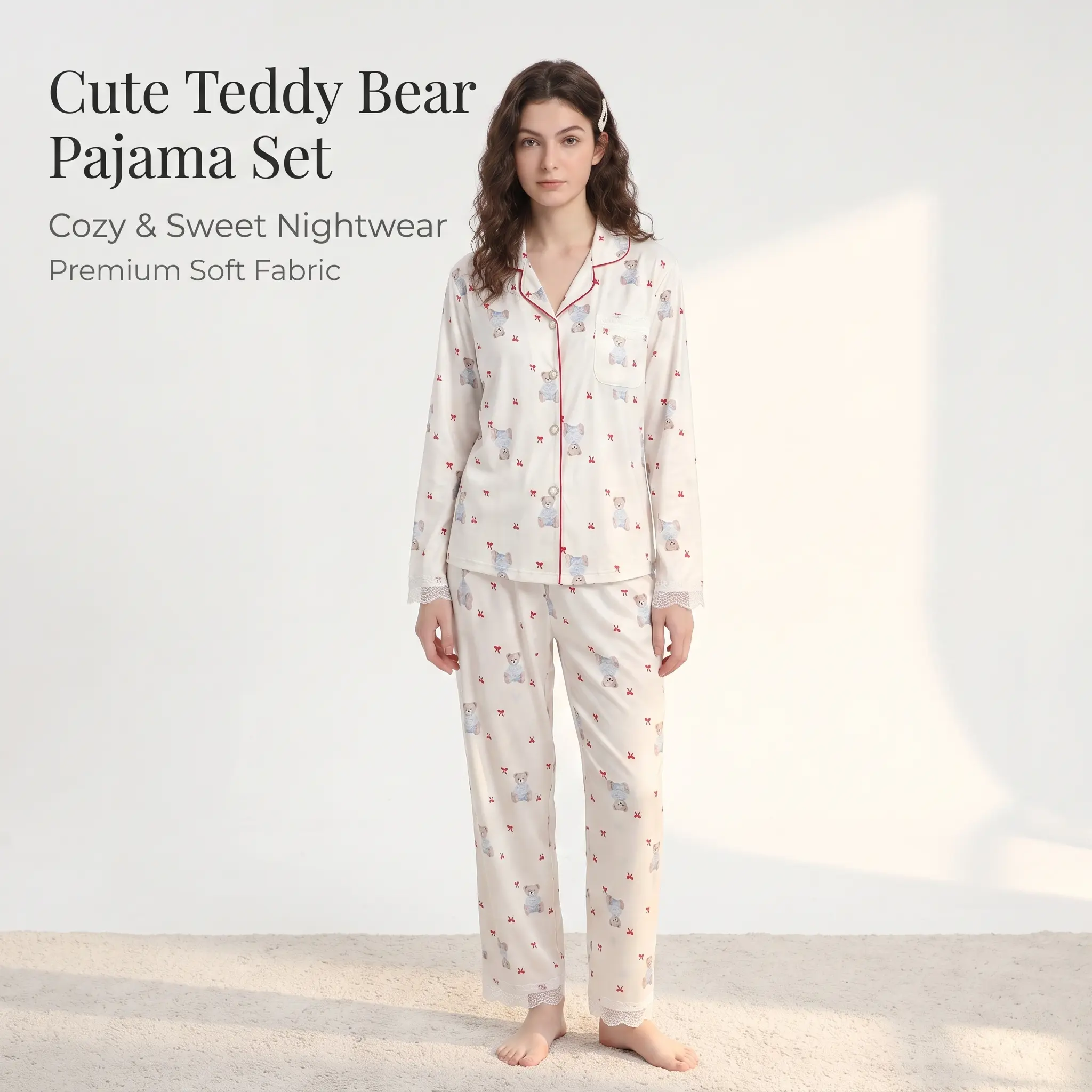 Women's Cute Teddy Bear Pajama Sets, Coquette Long Sleeve Button-Down Loungewear with Lace, Soft Below the Ankle Pants, Gift for Her, Buttons Loungewear Outfit Pajamas For Adults
