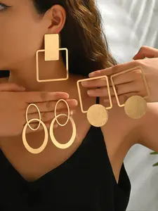 Women's Art Metal Earrings Set, Statement Fashion Versatile Trendy Jewelry, Stack, Geometric Long Rectangle Matte Finish, Square Round Oval Design, All Seasons Party Gift Idea, styling effortless