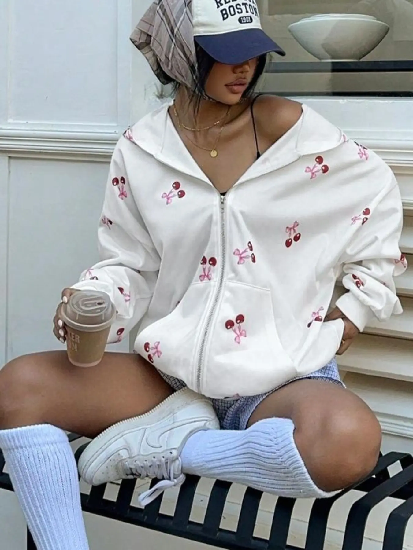 Women's Y2K Cherry Graphic Zip-Up Hoodie, Long Sleeve Oversized Sweatshirt with Pockets, Casual Fashion for Women & Girls, Womenswear