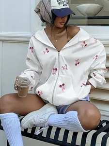 Women's Y2K Cherry Graphic Zip-Up Hoodie, Long Sleeve Oversized Sweatshirt with Pockets, Casual Fashion for Women & Girls