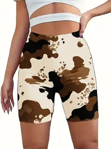 Plus-size women's high-waisted cow-print yoga shorts – featuring an all-over cow-spot design, these stretchy athletic shorts are suitable for the gym, training, sportswear, and everyday wear. They are non-see-through, comfortable, and suitable for al